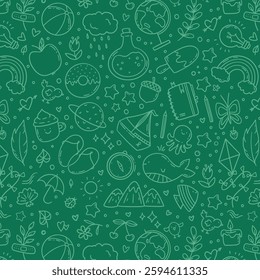 Hand drawn vector seamless pattern of summer and holiday doodle elements. Beach and warm weather related sketch objects