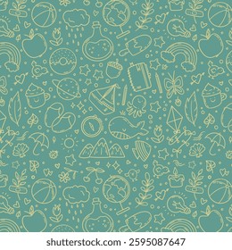 Hand drawn vector seamless pattern of summer and holiday doodle elements. Beach and warm weather related sketch objects
