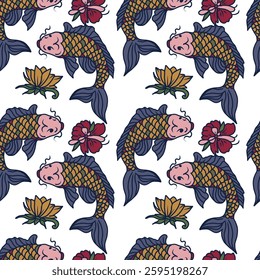 Hand drawn vector seamless pattern with koi fish and flowers.