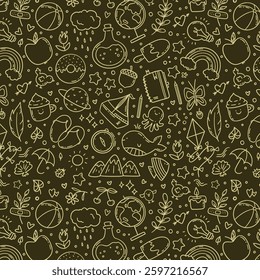 Hand drawn vector seamless pattern of summer and holiday doodle elements. Beach and warm weather related sketch objects