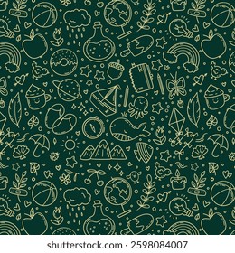 Hand drawn vector seamless pattern of summer and holiday doodle elements. Beach and warm weather related sketch objects