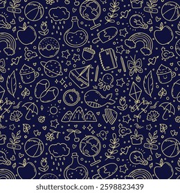 Hand drawn vector seamless pattern of summer and holiday doodle elements. Beach and warm weather related sketch objects
