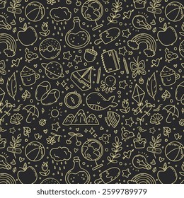 Hand drawn vector seamless pattern of summer and holiday doodle elements. Beach and warm weather related sketch objects
