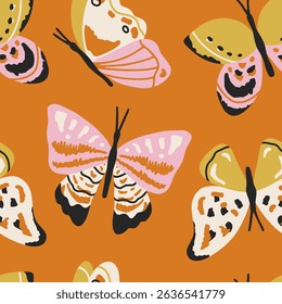 Hand drawn vector seamless pattern with whimsical butterflies in flat style. Cute charming background with butterfly for festive design, wallpaper and textile. Colorful vibrant illustration
