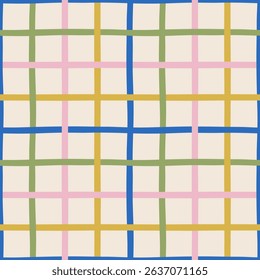 Hand drawn vector seamless pattern with vibrant grid. Cute lovely background with lines for festive design, wallpaper and textile. Colorful geometric abstract pattern. Contemporary backdrop