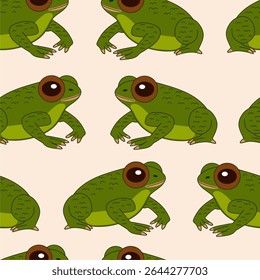 Vetor desenhado à mão de padrão sem costura com rãs verdes isoladas sobre fundo amarelo claro. Ilustração original de stock de anfíbios
