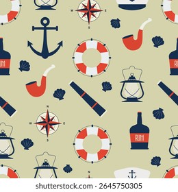Hand drawn vector seamless pattern with nautical motifs. Sea elements in flat style. Sailing background ornament with pipe, bottle, spyglass and lantern. Red and blue sailing illistration