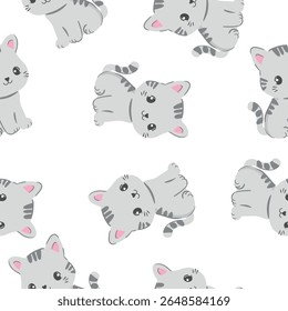 Hand drawn vector seamless pattern with playful kittens on white background