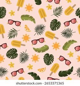 Hand drawn vector seamless pattern with tropical leaves, ice-cream and sunglasses. Colorful summer background in flat style. Wallpaper with flowers, sun and orange pieces