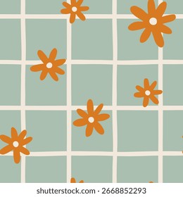 Hand drawn vector seamless pattern with grid and flowers in flat style. Cute summer background for festive design, textile, wallpaper. Lovely botanical illustration. Colored pattern