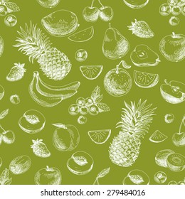 Hand drawn vector seamless pattern with fruits and berries. Vintage. Sketch. 