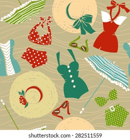 Hand drawn vector seamless pattern with retro swimsuits