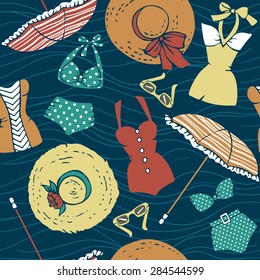 
Hand drawn vector seamless pattern with retro swimsuits