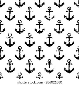 Hand drawn vector seamless pattern with black anchor isolated on white background. Abstract sea theme grunge texture.

