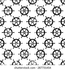 Hand drawn vector seamless pattern with black steering wheel isolated on white background. Abstract sea theme grunge texture. 