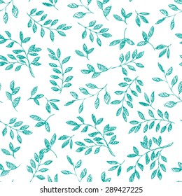 Hand drawn vector seamless pattern with leaves and branches.  Can be used for fabrics, wallpapers, scrap-booking, ornamental template for design and decoration, etc
