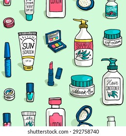 Hand drawn vector seamless pattern of make up and cosmetics. Make up collection for shop and spa.