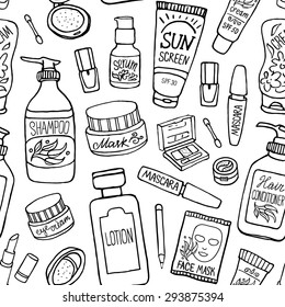 Hand drawn vector seamless pattern of make up and cosmetics. Make up collection for shop and spa.