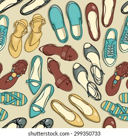 Hand drawn vector seamless pattern of shoes.