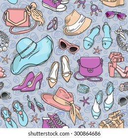 Hand drawn vector seamless pattern of shoes bags and female fashion accessories