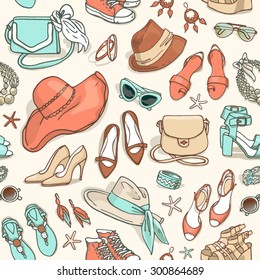 Hand drawn vector seamless pattern of shoes bags and female fashion accessories