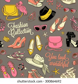 Hand drawn vector seamless pattern of shoes and female fashion accessories in retro style