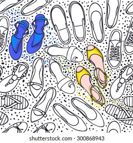 Hand drawn vector seamless pattern of shoes. Black and white background