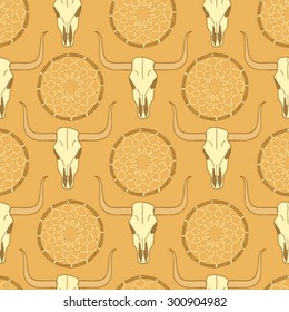 Hand drawn vector seamless pattern with dream catcher and buffalo scull