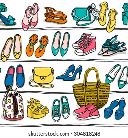 Hand drawn vector seamless pattern of shoes bags and female fashion accessories on white background. Side view of shoes, bags, glasses on shelf  