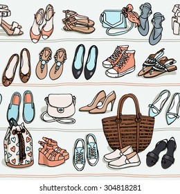 Hand drawn vector seamless pattern of shoes bags and female fashion accessories in pastel colors. Side view of shoes, bags, glasses on shelf  