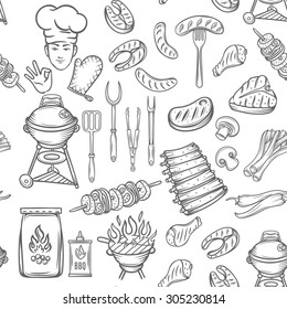 Hand drawn  vector seamless pattern barbecue, black line.
