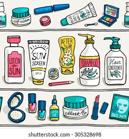 Hand drawn vector seamless pattern of cosmetics. Side view of shampoo, lotion, cream, sunscreen, pencil, oil, powder, nail polish, mask, balm, eye shadow, lipstick, mascara on shelf  