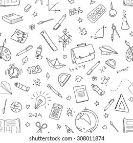 Hand drawn vector seamless pattern with school  equipment. Can be used for design.