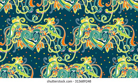 Hand drawn vector seamless pattern with colorful doodle  winged heart. Can be used for cards, invitations, fabrics, wallpapers, ornamental template for design and decoration, etc