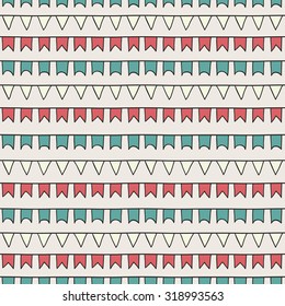 Hand drawn vector seamless pattern with bunting flags. Sketch scribble design graphic element. Tiling texture for design. Illustration. Trendy doodle style. Scrapbook decorations.