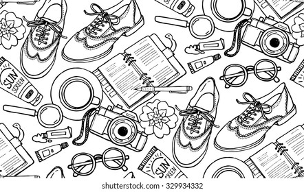 Hand drawn vector seamless pattern with shoes, notebook, cup of coffee, camera, glasses, pen, sunscreen, tubes of paint, flowers. Can use for print, web, fabric. Black and white doodle illustration.