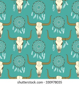 Hand drawn vector seamless pattern with dream catcher and buffalo skull on it