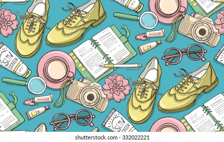 Hand drawn vector seamless pattern with shoes, notebook, cup of coffee, camera, glasses, pen, sunscreen, tubes of paint, flowers. Can use for print, web, fabric. 