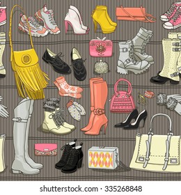 Hand drawn vector seamless pattern of shoes bags and female fashion accessories. Side view collection on shelf. Can use for print, web, fabric, wallpaper. 
