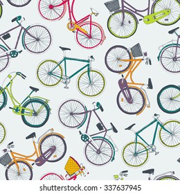 hand drawn vector seamless pattern with colorful city bikes