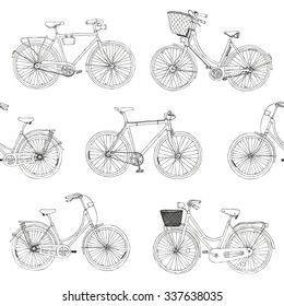 hand drawn vector seamless pattern with city bikes