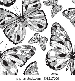 hand drawn vector seamless pattern with butterflies