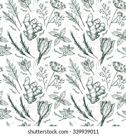 Hand drawn vector. Seamless pattern with herbs and spices.