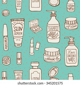 Hand drawn vector seamless pattern of make up and cosmetics. Turquoise background