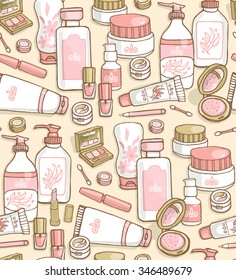 Hand drawn vector seamless pattern of make up and cosmetics. Make up collection for shop and spa.