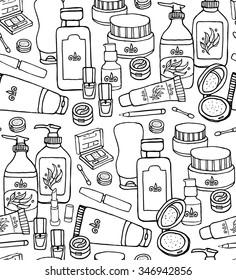 Hand drawn vector seamless pattern of make up and cosmetics. Make up collection for shop and spa. Black and white doodle background/