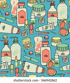 Hand drawn vector seamless pattern of make up and cosmetics. Make up collection for shop and spa.