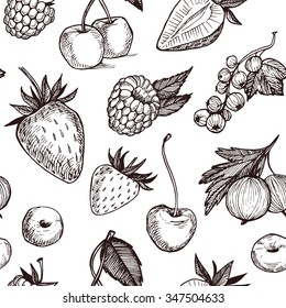 Hand drawn vector seamless pattern - Collection of berries (raspberries, strawberries, cherries, gooseberries).