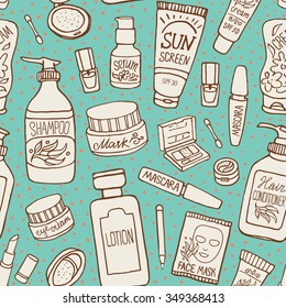 Hand drawn vector seamless pattern of make up and cosmetics. Turquoise background