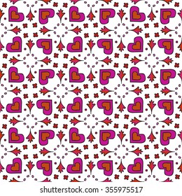 Hand drawn vector seamless pattern with abstract purple and red hearts, arrows and dots with a black stroke on white background. Good choice for wrapping Valentine's Day gifts.